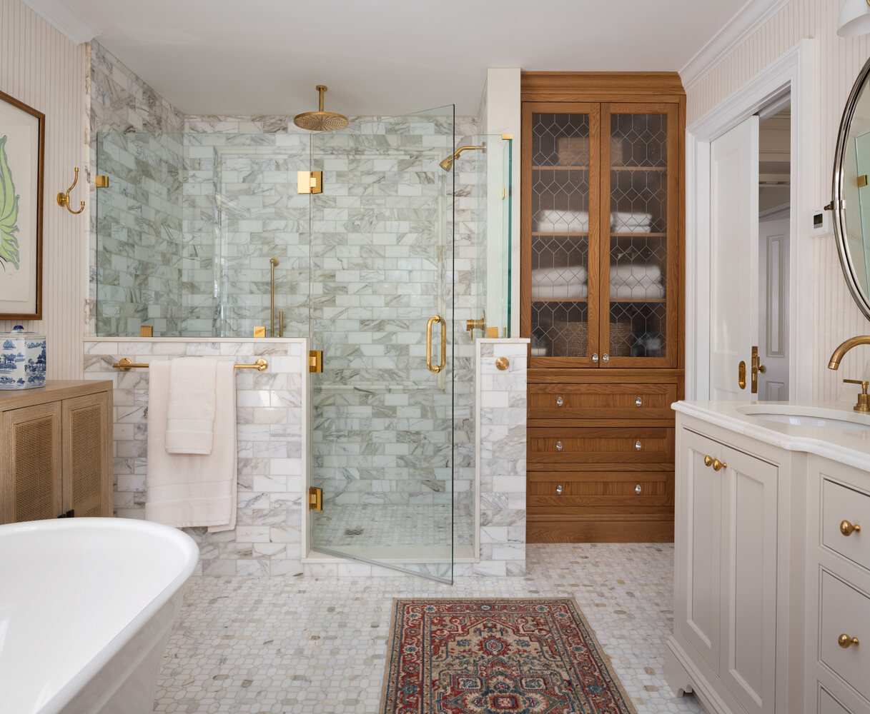 panoramic custom home bathroom with marble tile shower and tub by Craft Design + Build in Clinton, CT panoramic custom home bathroom with marble tile shower and tub by Craft Design + Build in Clinton, CT