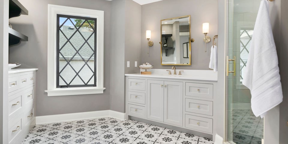 Bathroom Remodel with patterned floor tiles and white cabinets