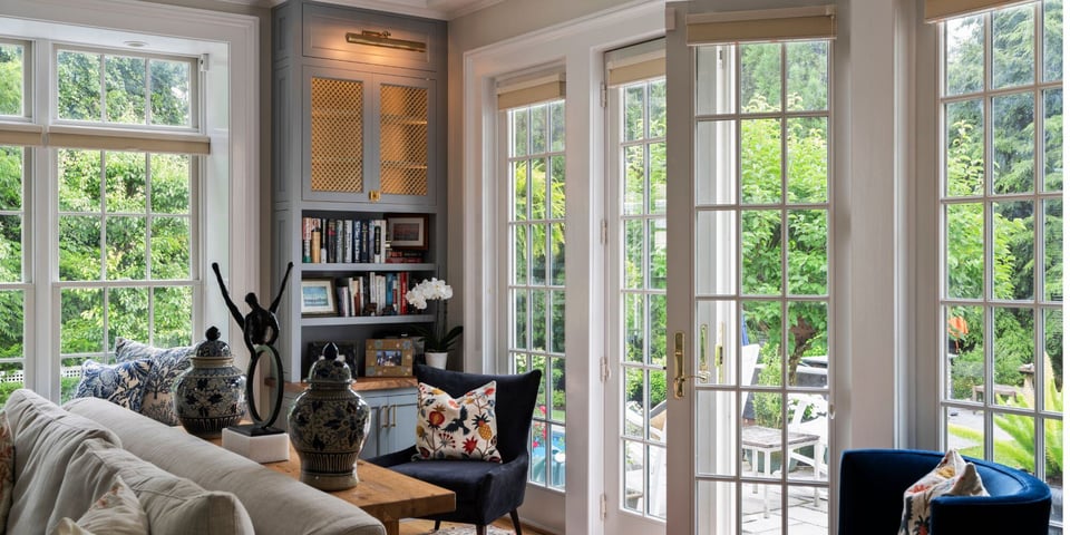 sunroom addition on the Connecticut shoreline with white french doors