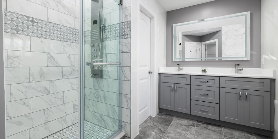 Bathroom Remodel with Glass Door Shower and Gray Cabinets