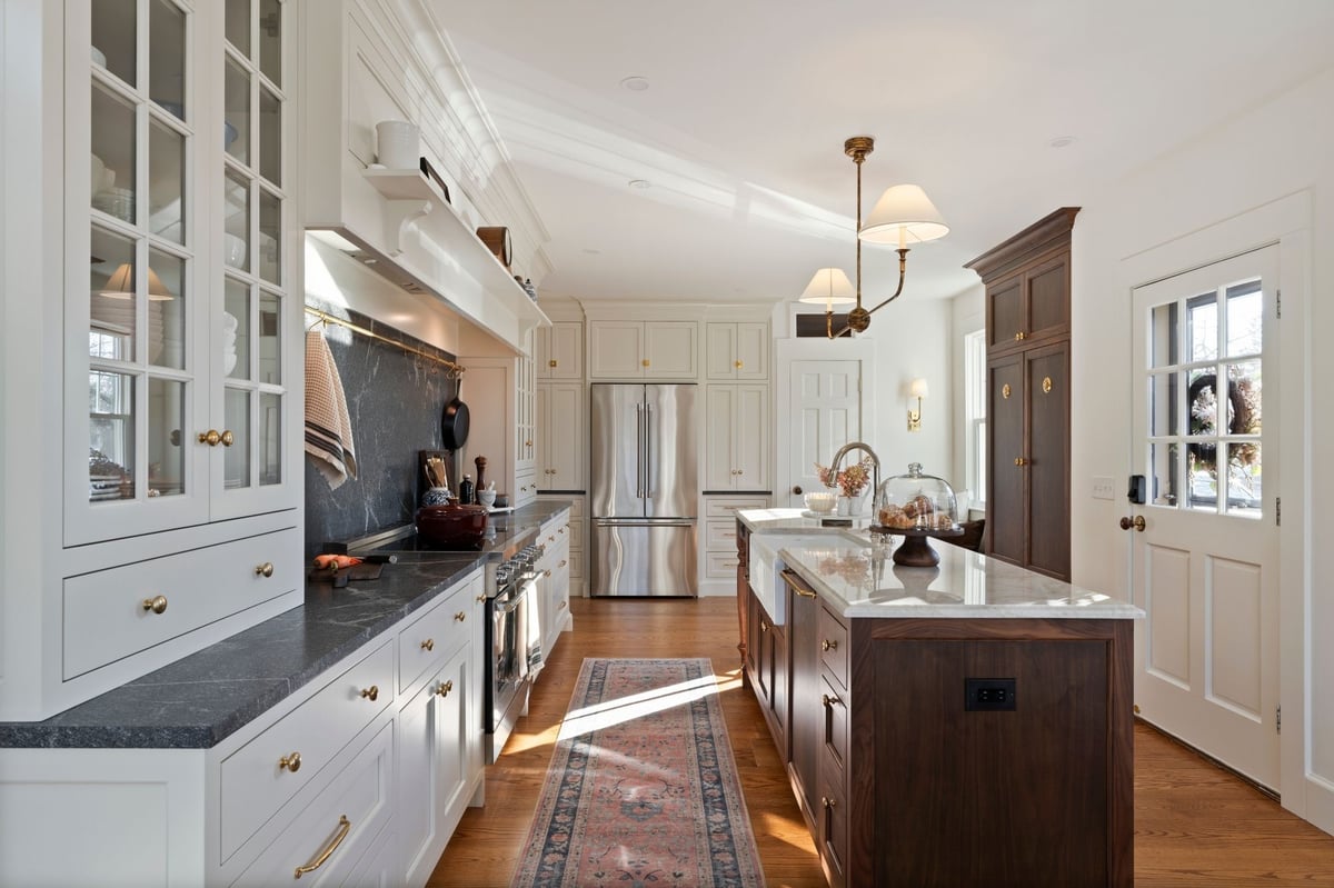 modern traditional connecticut kitchen remodel with gold hardware and wooden kitchen island