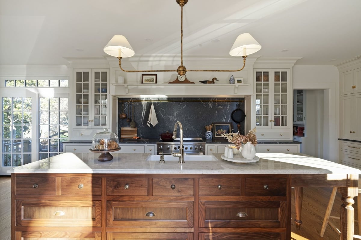 traditional modern connecticut kitchen renovation with dark marble backsplash and shaker cabinets