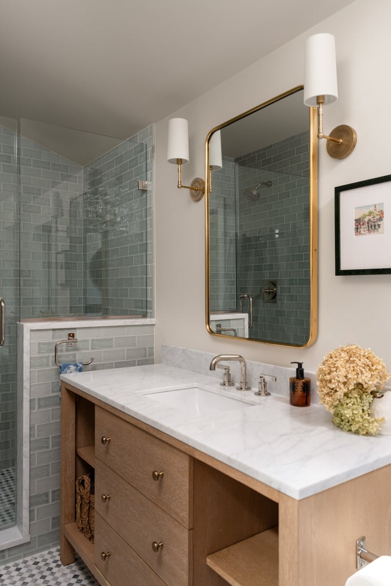 house addition bathroom oak vanity and glass shower  guilford ct