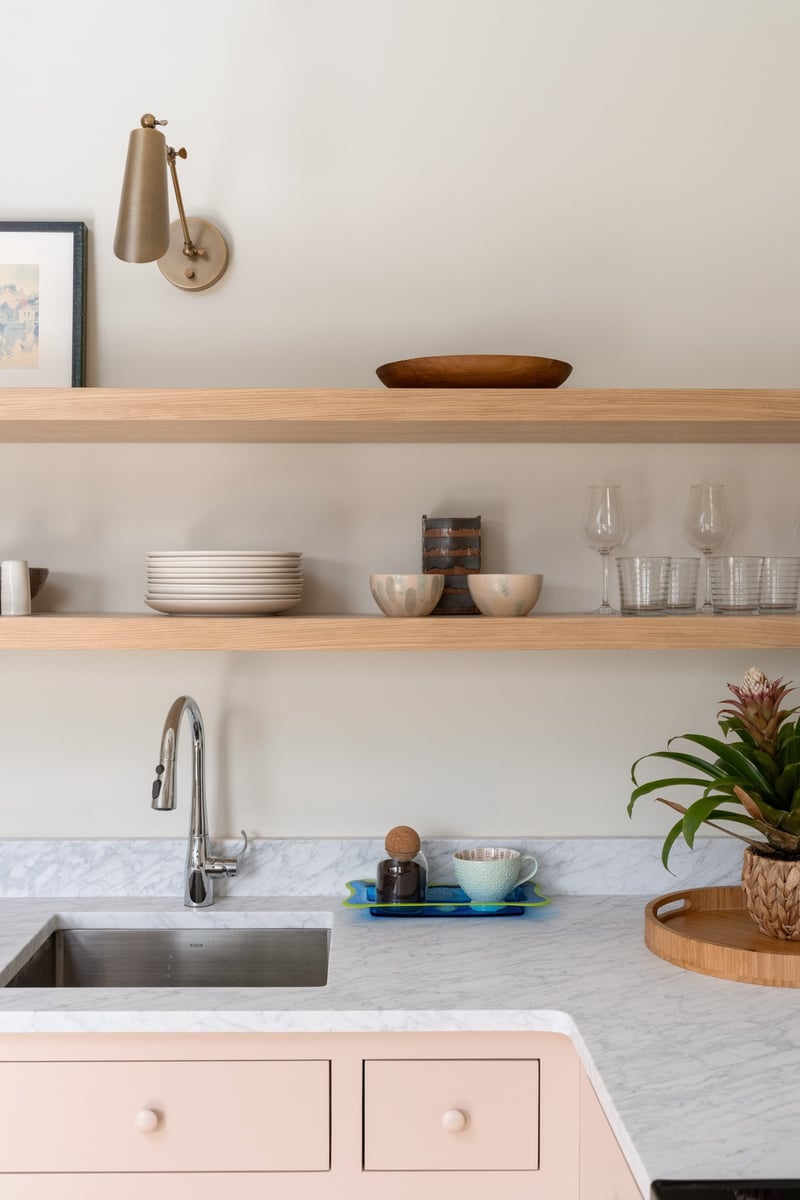 house addition floating oak shelves and marble counters guilford ct