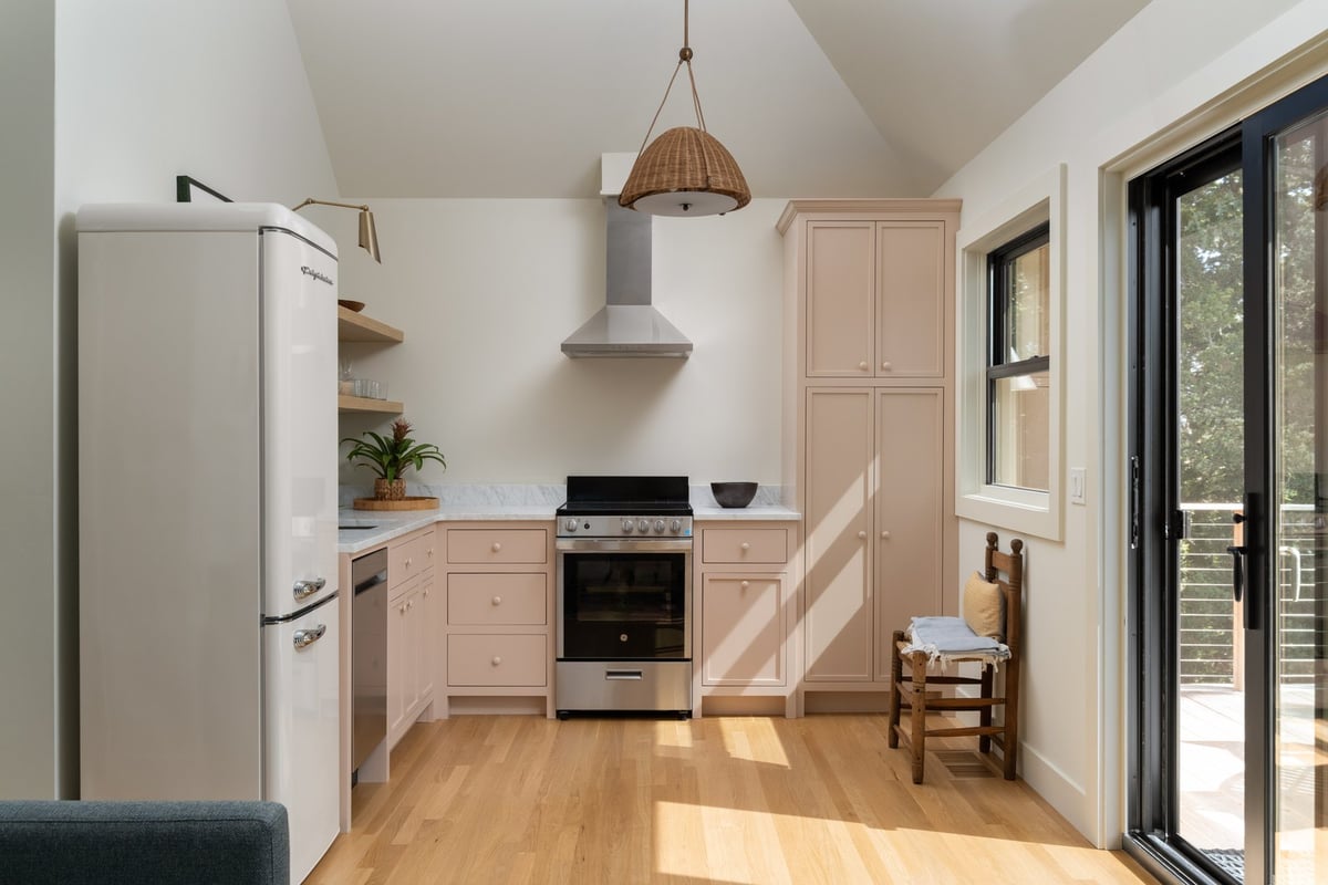 house addition kitchenette with pink cabinets and vaulted ceiling guilford ct