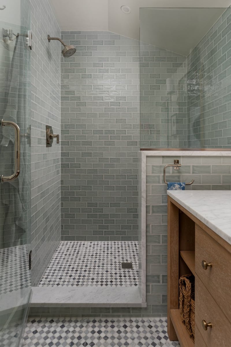 house addition walk-in shower with green subway tile guilford ct