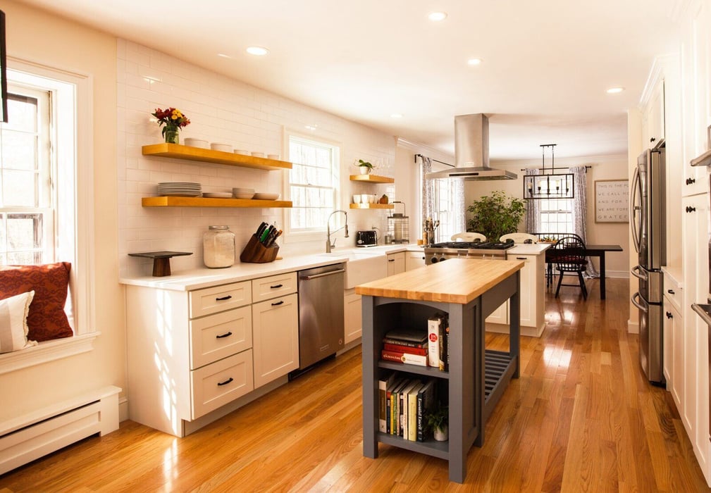 Open kitchen design with a mix of modern and traditional elements, completed by Craft Design + Build in Killingworth, Essex, Connecticut