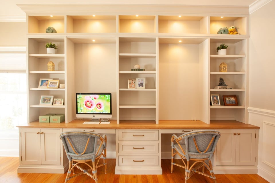 multifunctional room design home remodel with build in wall shelving and desk space