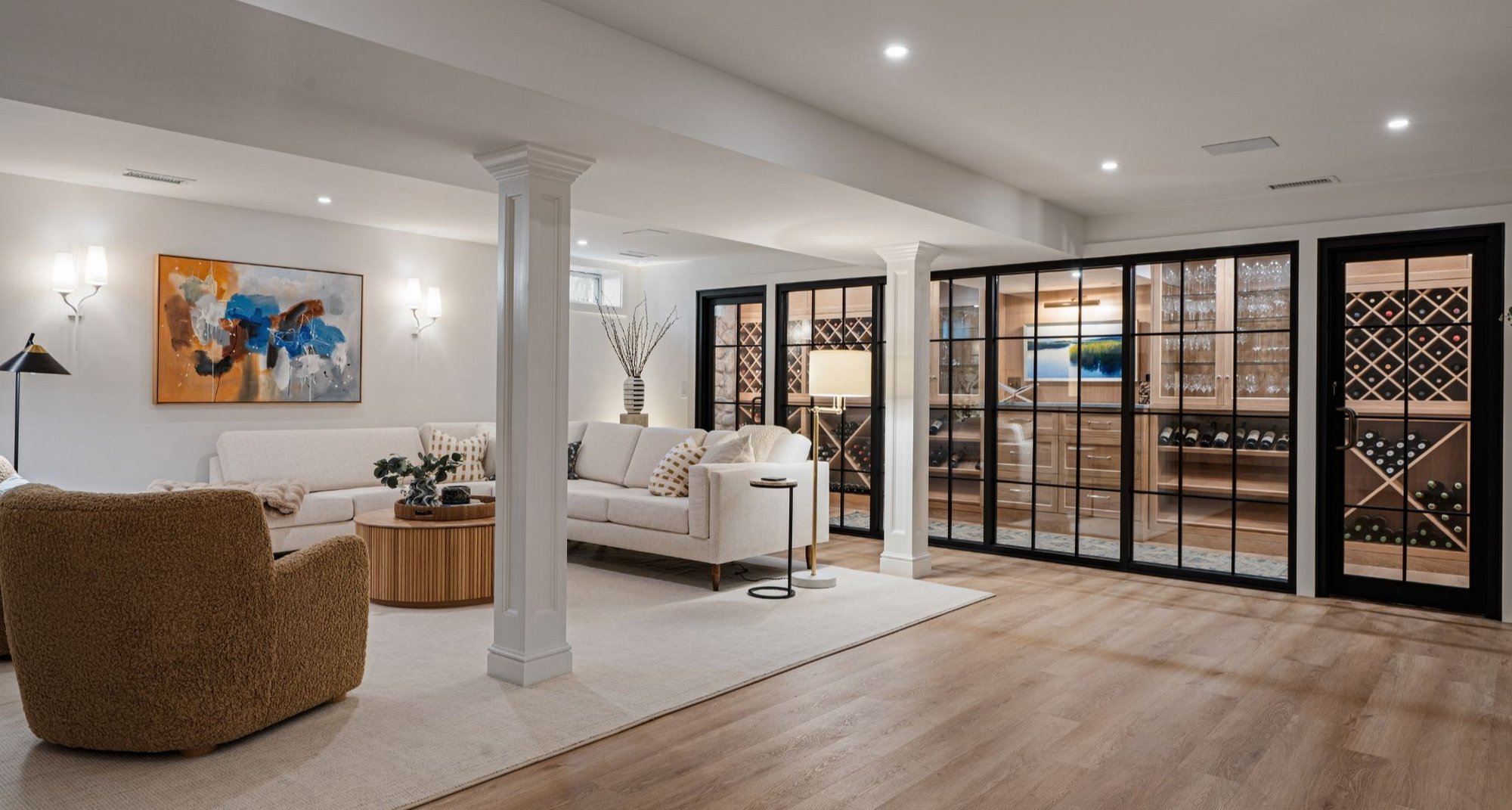 basement remodel with seating area in Madison, CT