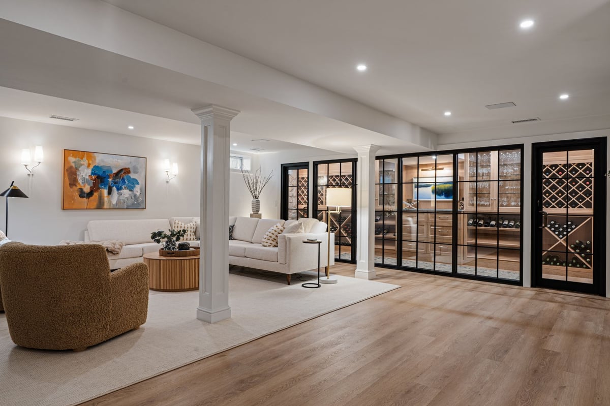 basement remodel with seating area in Madison, CT