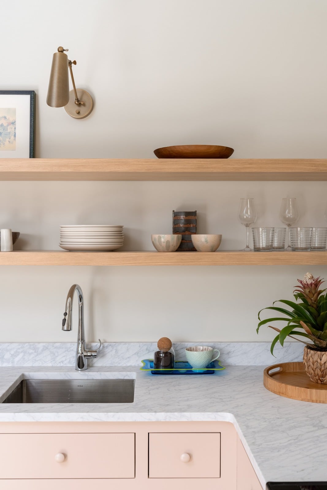 house addition floating oak shelves and marble counters guilford ct