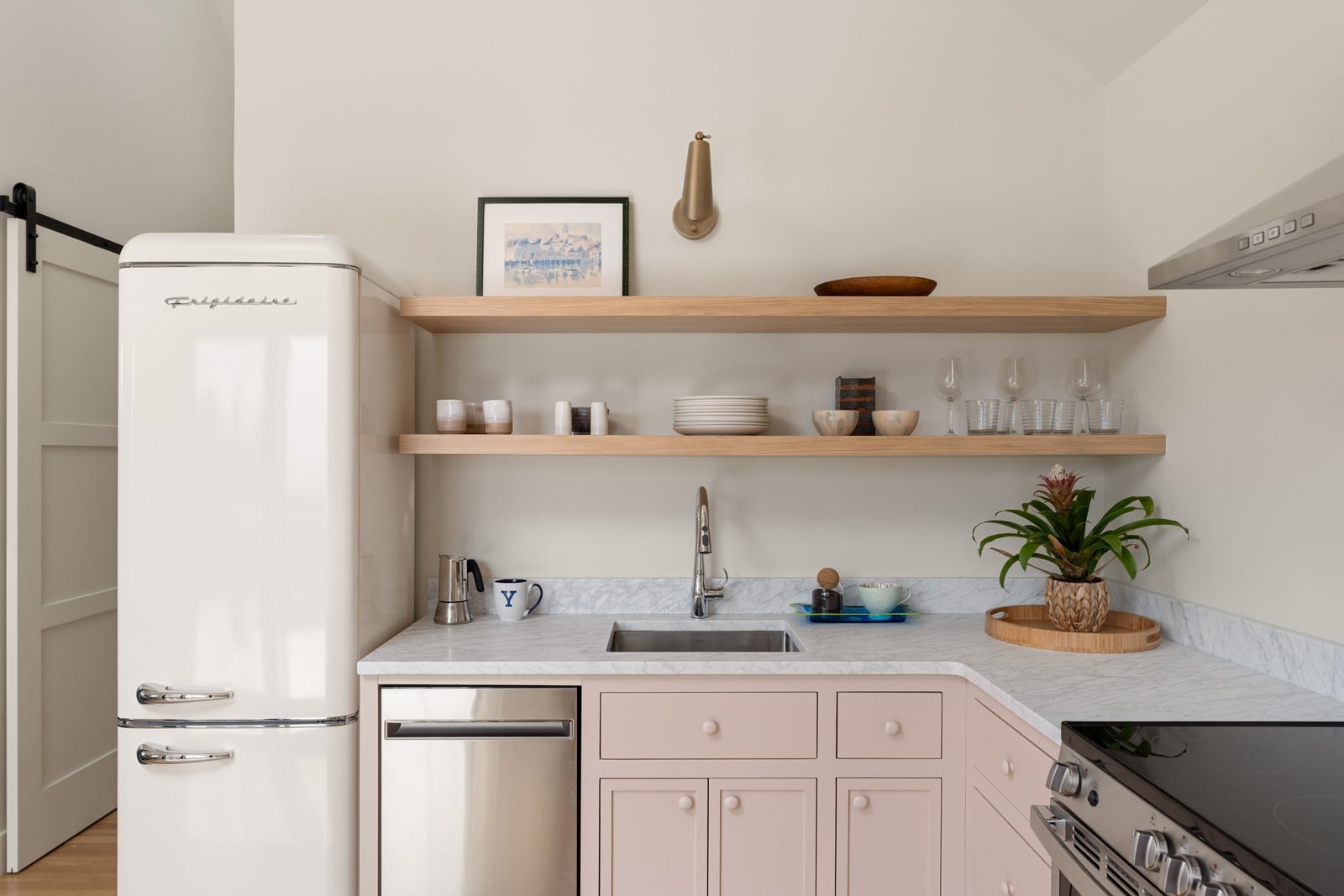 house addition kitchenette with retro fridge and floating shelves guilford ct